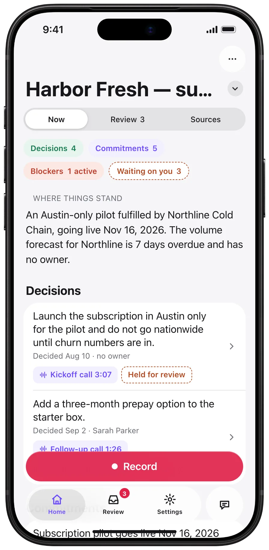 Korvu on iPhone: the project’s current state — where things stand, then its decisions and commitments, each with its source.