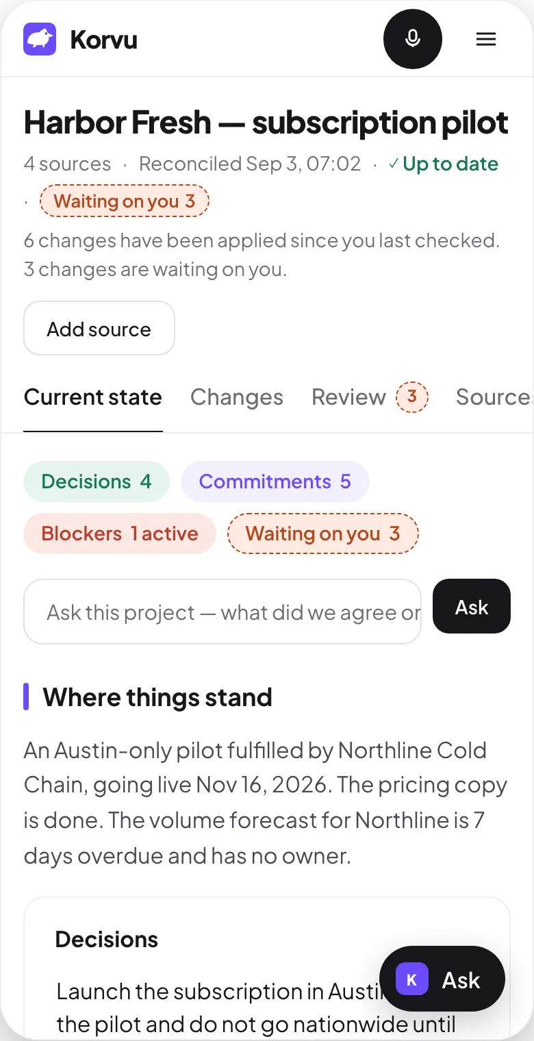 Korvu in a web browser: the same project’s current state, its sources and the evidence pane beside it.